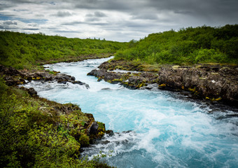 Blue Bruarfoss waterfalls in iceland