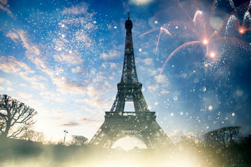 Colorful fireworks in Paris, Eiffel tower.