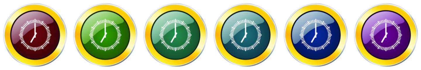 Aufkleber - Time glossy icon set, silver metallic golden vector illustrations in 6 options for web design and mobile applications
