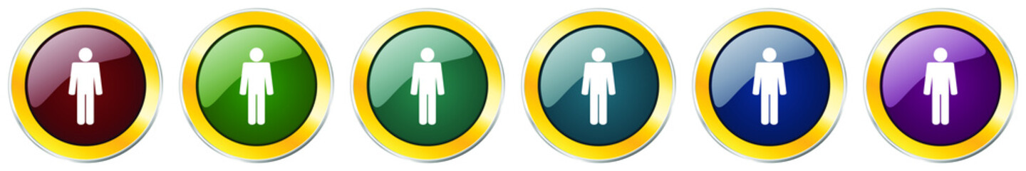 Poster - Male glossy icon set, silver metallic golden vector illustrations in 6 options for web design and mobile applications