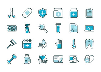 Poster - healthcare equipment medical icons set line fill