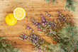 Lemon and lavender on wooden table top view, flatlay healthy vitamins