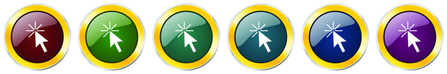 Fototapete - Click here glossy icon set, silver metallic golden vector illustrations in 6 options for web design and mobile applications
