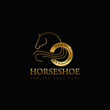 Gold Logo Horseshoe, With Line Art Horse Vector