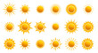 Big set of realistic sun icon for weather design. Sun pictogram, flat icon. Trendy summer symbol for website design, web button, mobile app. Template vector illustration. Isolated on white background.