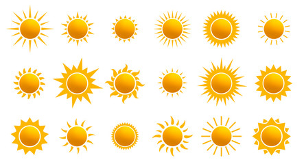 big set of realistic sun icon for weather design. sun pictogram, flat icon. trendy summer symbol for