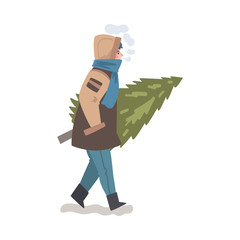 Sticker - Man in Warm Winter Clothing Carrying Christmas Fir Tree, Person Preparing for New Year Vector Illustration