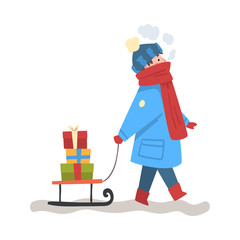 Sticker - Boy in Winter Clothing Pulling a Sleigh with Christmas Present, Child Preparing for Christmas and Giving Present Vector Illustration