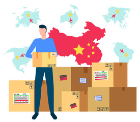 Partnership with asian country vector, man holding package, box with labels and tapes. Chinese borders and flag, worker with order, shipment and delivery of cargo for clients, international business