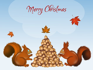 Wall Mural - Christmas squirrels make tree with acorns