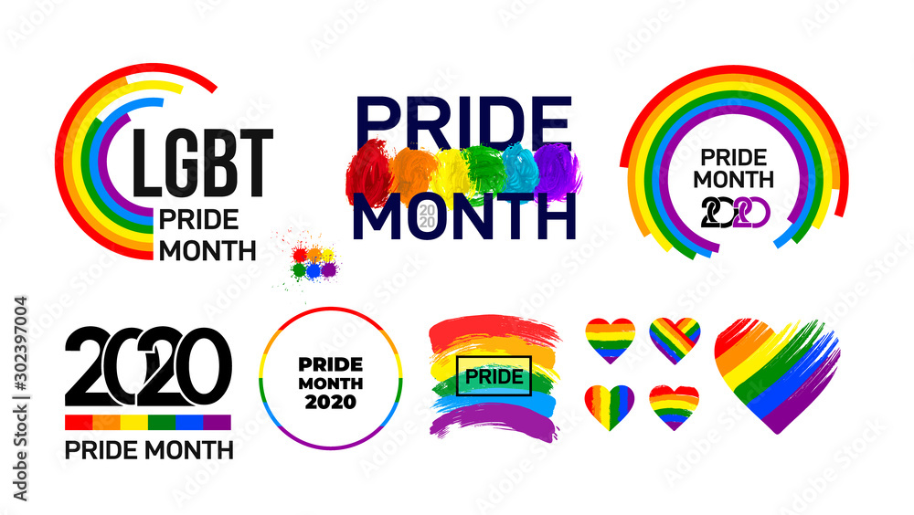 Set of LGBT Pride Month 2020. Celebrated annual. LGBT flag brush stroke ...