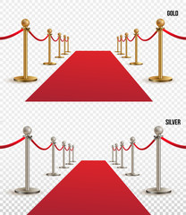 Set of red carpet, golden and silver barriers realistic. VIP event, luxury celebration. Celebrity party entrance. Grand opening. Shiny fencing vector. Cinema premiere on transparent background.