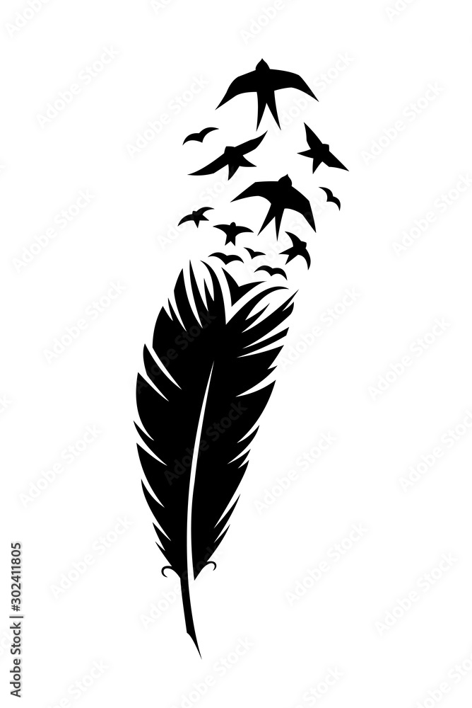 Print art concept colorful design tattoo black feather flying birds swallows silhouette. Vector illustration fly magical pen writer writing Stock Vector | Adobe Stock print-art-concept-colorful-design-tattoo-black-feather-flying-birds-swallows-silhouette-vector-illustration-fly-magical-pen-writer-writing-stock-vector-adobe-stock