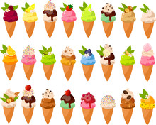 Vector Illustration Of Various Kinds Of Cute Colorful Ice Creams In Sugarcones And Toppings