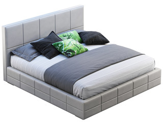 Canvas Print - Modern gray leather frame double platform bed with bed linen and accent pillows. 3d render