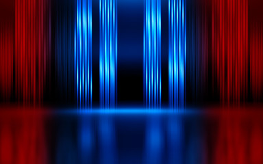 Leinwandbilder - Empty show scene background. Reflection of a dark street on wet asphalt. Rays of red and blue neon light in the dark, neon shapes, smoke. Abstract dark background.