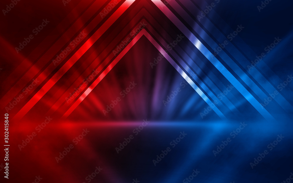 Empty show scene background. Reflection of a dark street on wet asphalt. Rays of red and blue neon light in the dark, neon shapes, smoke. Abstract dark background. - obrazy, fototapety, plakaty 