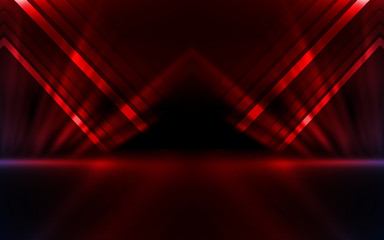 Leinwandbilder - Empty show scene background. Reflection of a dark street on wet asphalt. Rays of red neon light in the dark, neon shapes, smoke. Abstract dark background.