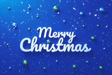 Merry Christmas font design on vivid blue background with shiny disco ball and falling snow decoration pattern. Happy Christmas card party or new year celebration. Realistic 3D render.