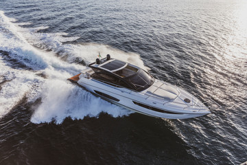 luxury motor yacht in navigation, aerial view