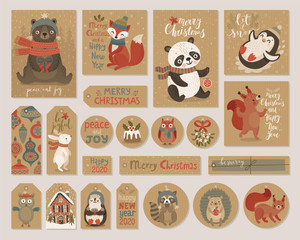 Poster - Christmas kraft paper cards and gift tags set, hand drawn style.