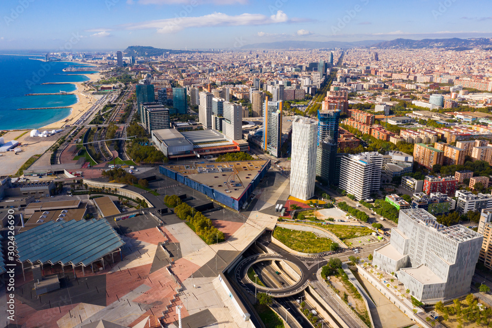 Barcelona, Spain - October 4, 2019: Panoramic view from the drone of residential area Diagonal Mar. Barcelona. Spain - obrazy, fototapety, plakaty 