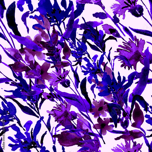 Watercolor seamless pattern with hand drawn flower. Vintage floral print. Bot...