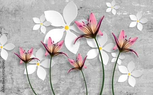 Naklejka dekoracyjna 3D wallpaper design with floral for photo mural background 