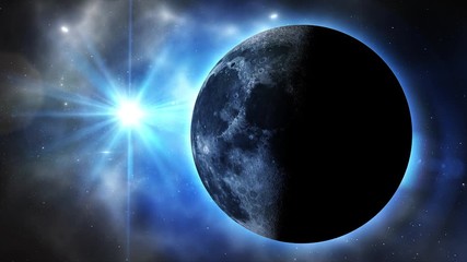 Wall Mural - blue galaxy with moon and sun. sunrise and sunset in space on moon. sun and moon rotating and approa
