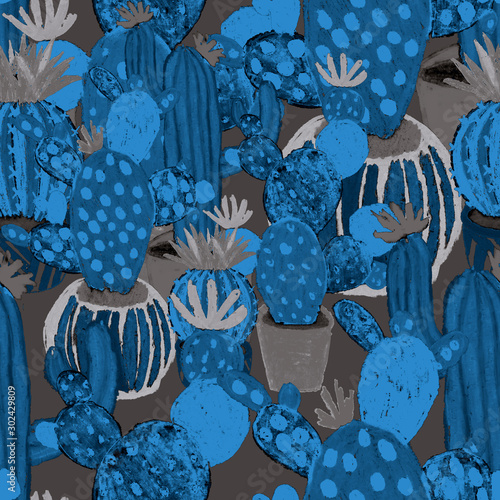 Creative seamless pattern with hand drawn cactuses in pots. Bright botanical ...