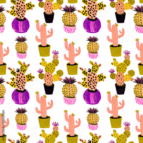 Creative seamless pattern with hand drawn cactuses in pots. Bright botanical ...