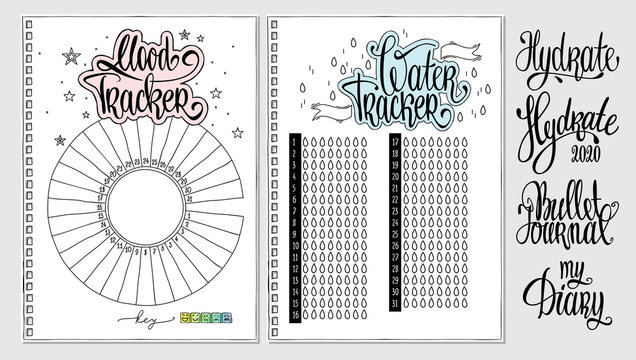 Water tracker. Mood tracker blank with hand written cute numbers and lettering. Bullet journal template. Hydrate lettering. Habit tracker.