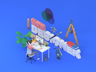 Female web interface developer sitting at a table on blue background surrounded by 3d design elements in a graphical application. Big stylised word web design. Isometric 3d rendering illustration.