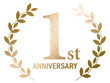 1st anniversary logo with laurel motif. Gold metallic color with hairline and metal texture.