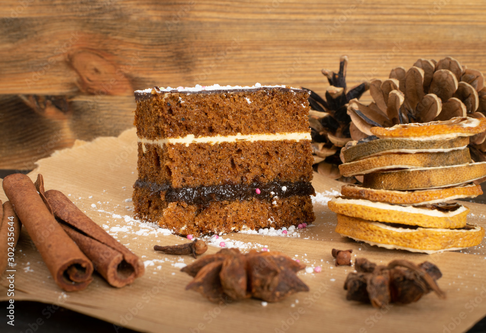 Sponge Cake with Spices and Honey, Piernik, Brown Biscuit - obrazy, fototapety, plakaty 