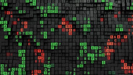 Wall Mural - Green and red digital HEX computer code. Information technology concept. Seamless loop 3D render animation