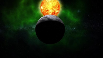 Wall Mural - Green galaxy with Moon Sun and Planet Earth. Sunrise and sunset in space on Moon and Planet Earth. Sun Planet Earth and Moon rotating and approach in open space on the green Milky Way. 4k