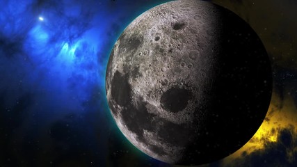 Wall Mural - Moon rotates around its axis and approaching away in the colored galaxy. Earth's natural satellite - animation motion. Video contains: Moon, Luna, Milky Way, Space, Planet, Galaxy, Stars, Cosmos. 4k