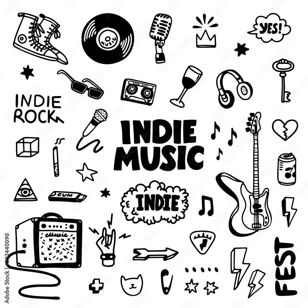 Indie rock music tatoos set. Black and white illustration of music related  objects such as guitar, sound amplifier, rock inscriptions. Template for  tattoo list, card, poster, t-shirt print, pin badge Stock Vector |, image size:1000x1000