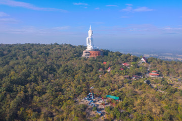 Aerial view shot of Largest buddha statue at Mukdahan in Thailand.