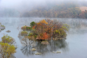 Wall Mural - Morning Landscape of the Yongdam lake in Jucheon-myeon, Jinan-gun, South Korea.