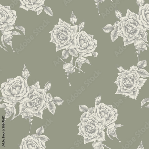 Seamless floral pattern with  on gray background. Engraving style. Template d...
