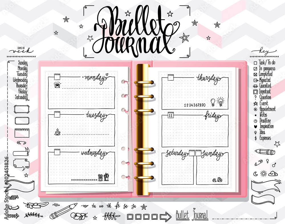 Week organizer. Opened notebook on light white texture. Line doodles set on mock up. Days of week calligraphy and bullet journal elements set. - obrazy, fototapety, plakaty 