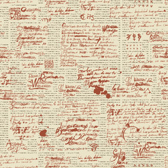 Vector seamless pattern, abstract background with unreadable scribbles imitating handwritten text on the old newspaper page with blots and spots. Suitable for wallpaper, wrapping paper or fabric