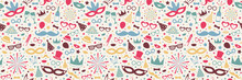 Colorful Seamless Pattern With Carnival, Photobooth And Birthday Party Elements. Vector