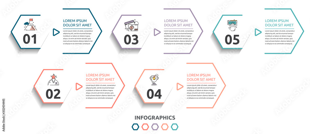 Vector flat infographic template. Line hexagon with text and icons for ...
