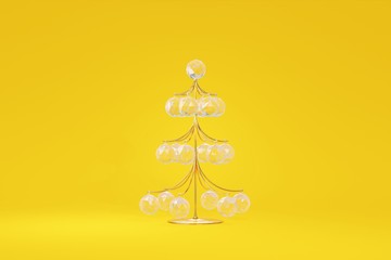 Wall Mural - Christmas tree fragile gold wire decoration hanging ball crystal glass. Graceful toy concept design yellow background. Elegant jewelry symbol of the new year. 3D rendering