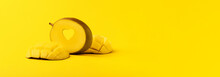Mango Fruit With Sliced Mango Heart On Yellow Background, Panoramic Image, Concept Of