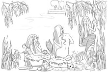 Evening Pond, Mermaids With Long Beautiful Hair, Pussy-willow Branches, River Plants And Frogs, Cartoon-style Coloring Book, Raster Copy