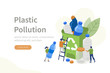 People Characters collecting Plastic Trash into Recycling Garbage Bin. Woman and Man taking out the Garbage. Plastic Pollution Problem Concept. Flat Isometric Vector Illustration.